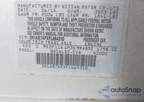 2015 Nissan Sentra Fe+ S/S/Sl/Sr/Sv из США, поврежденный, VIN 3N1AB7APXFL664310